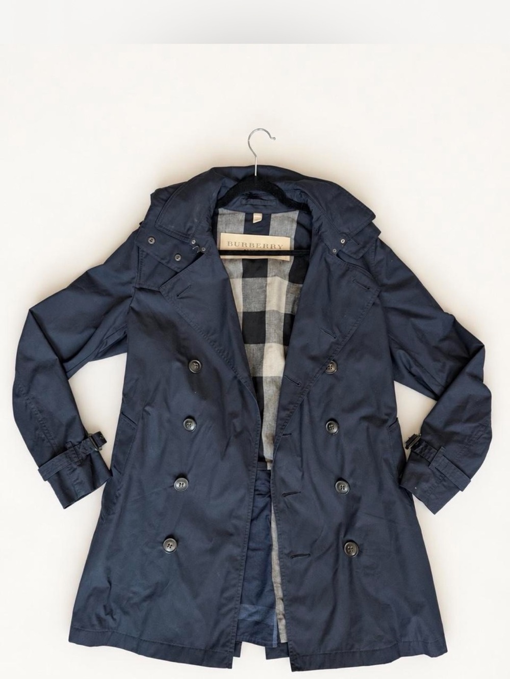 Burberry Navy Double-Breasted Trench with Check Lining